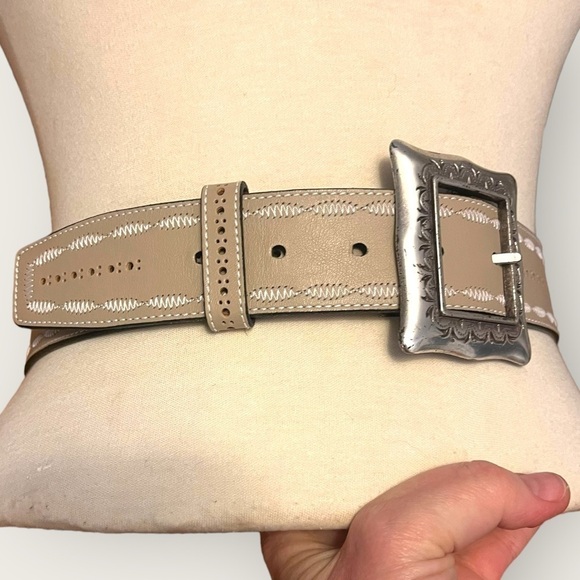 Kathi Kilburn Embellished Leather Belt with Square Silver Buckle in Cream/Beige - Picture 7 of 11